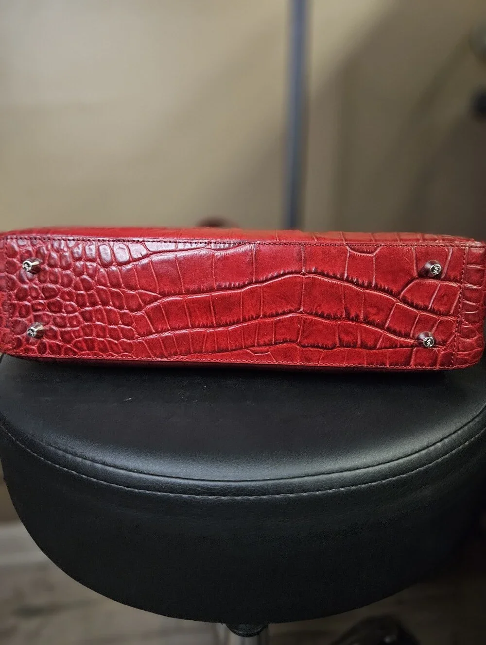 Vintage Monsac Croc-Embossed Italian Leather Baguette Handbag- Cherry Red - Picture 5 of 12